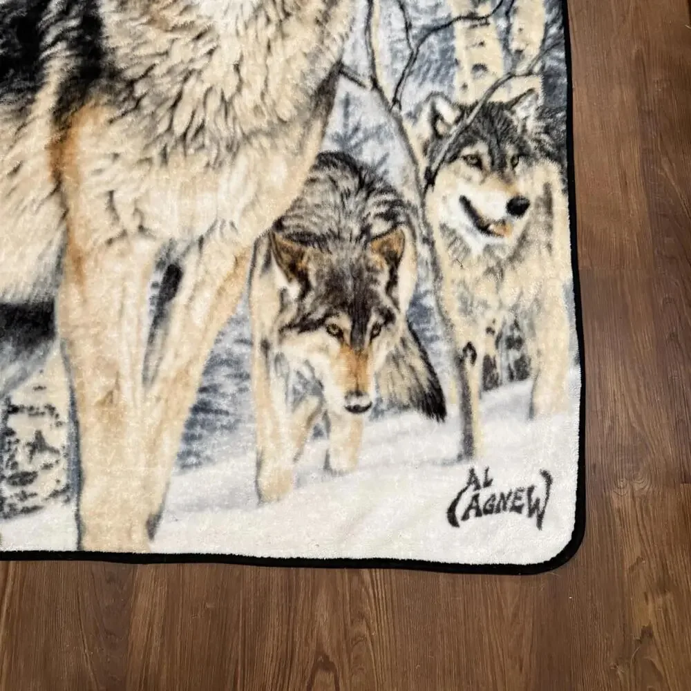 Vintage 80s/90s RARE Al Agnew Snowy Wolves Wolf‎ Art Fleece Throw Blanket 60x48